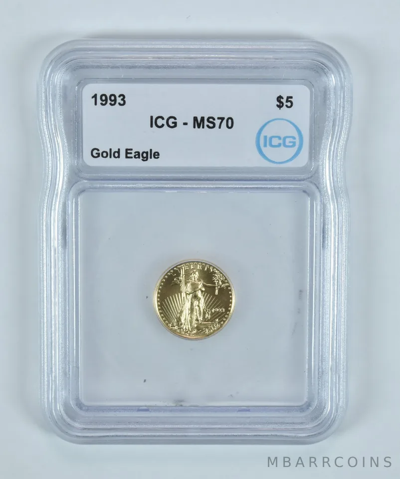 1993 $5 American Gold Eagle 1/10 Oz Gold MS70 ICG