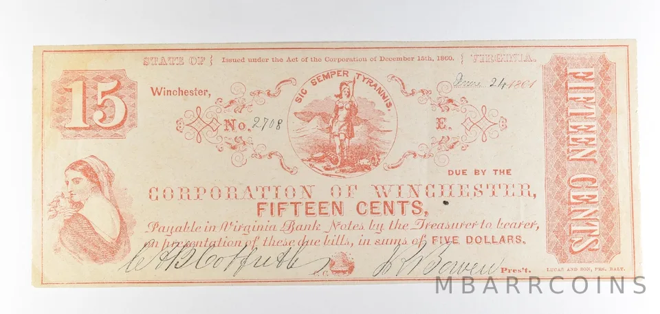 1864 15 Cents Winchester VA Obsolete Note *8835