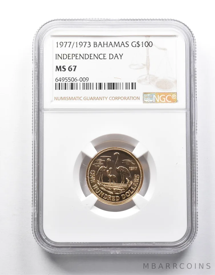 MS67 1977/1973 Bahamas 100 Dollars Gold Independence Day NGC *0103