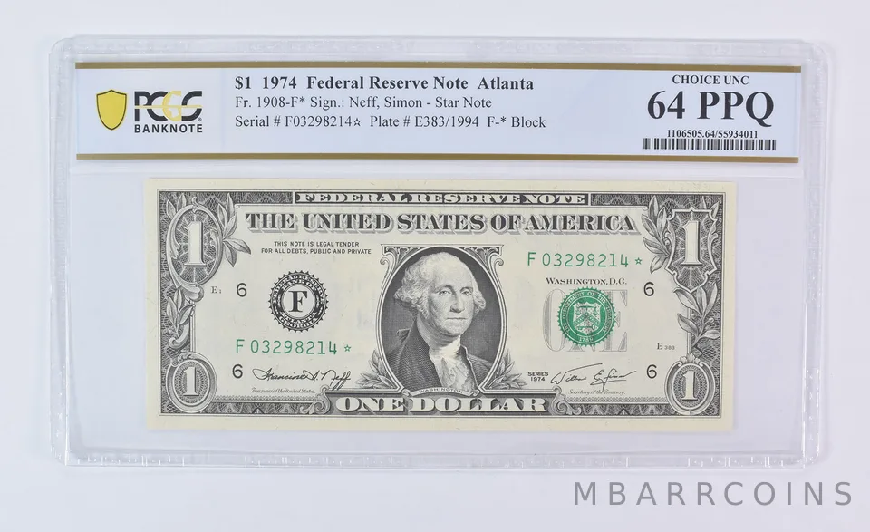 1974 $1 Atlanta GA FRN Star Note Fr#1908-F* Choice Unc 64 PPQ PCGS