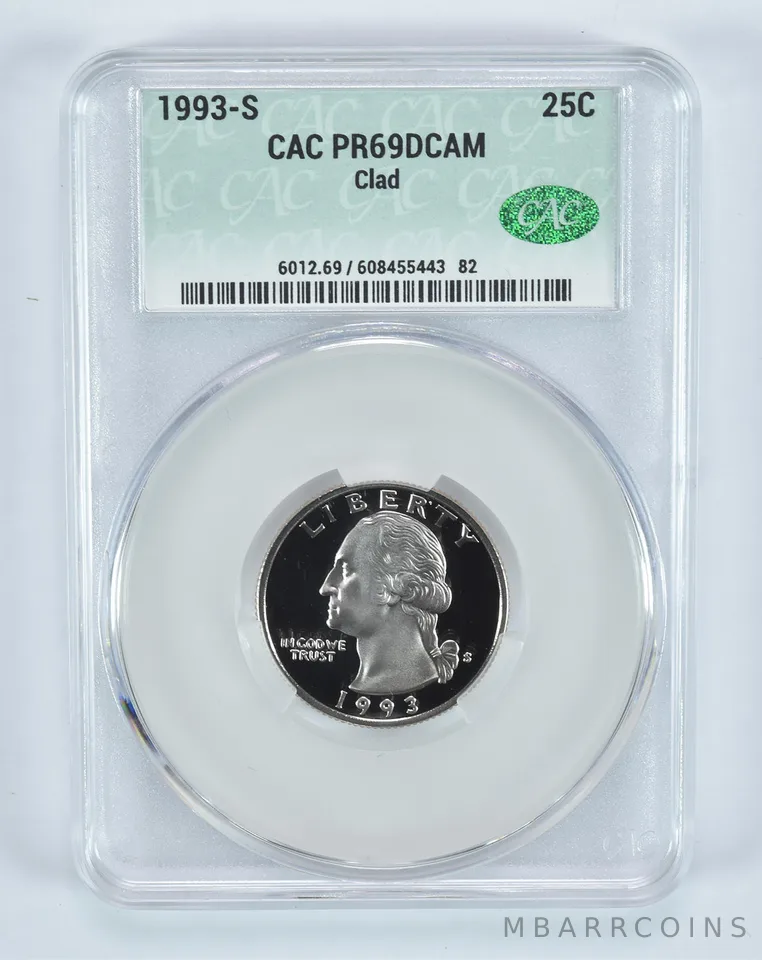 1993-S Washington Quarter CLAD PR69 DCAM CAC CACg