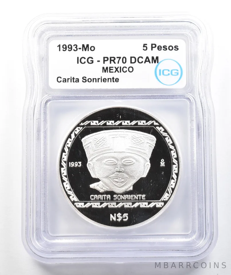 1993 Mo Mexico 5 Pesos Silver Carita Sonriente PR70 DCAM ICG *9888