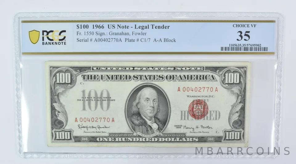 1966 $100 Legal Tender Fr#1550 Choice VF 35 PPQ PCGS *5966