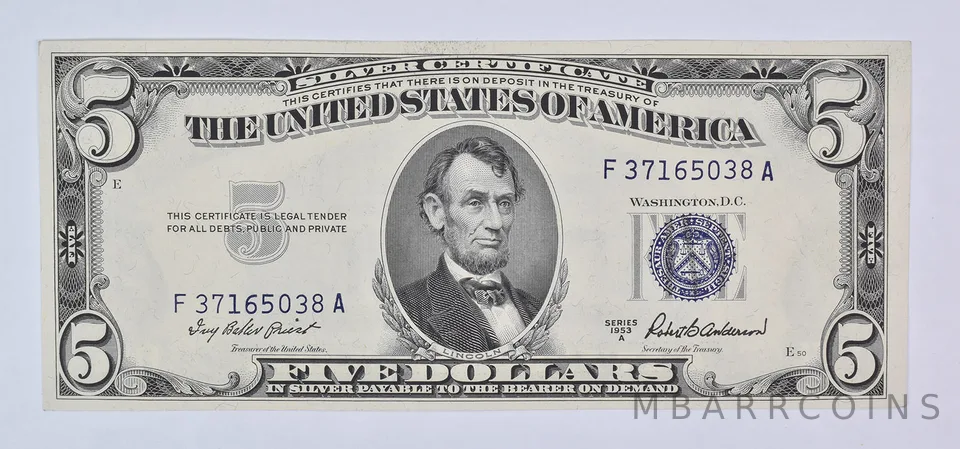 1953 A $5 Silver Certificate Blue Seal Uncirculated