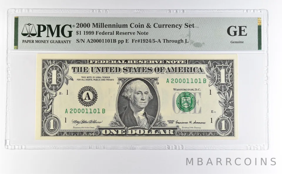 2000 Millennium Coin & Currency $1 1999 FRN Boston MA Low Serial 1101 PMG a4609
