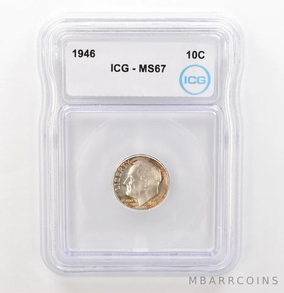 1946 Roosevelt Dime MS67 ICG Beautiful Tone Reverse a3914