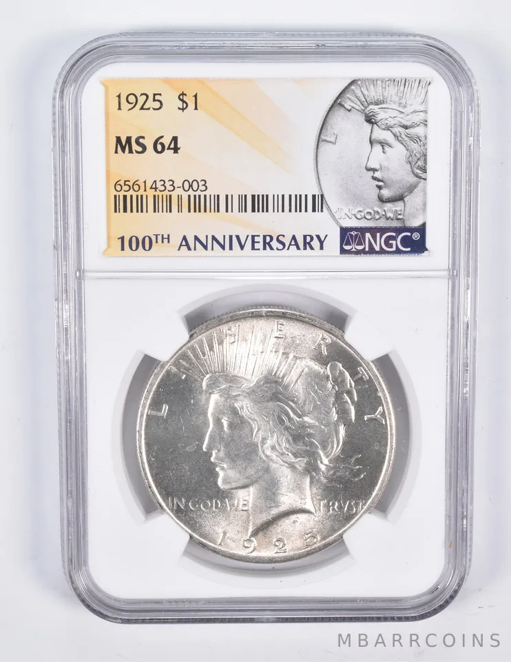 1925 Peace Silver Dollar $1 MS64 NGC 100th Anniversary Lbl