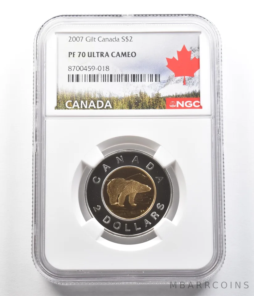 2007 Canada 2 Dollars Silver Gilt Polar Bear PF70 UCAM NGC Canada Label