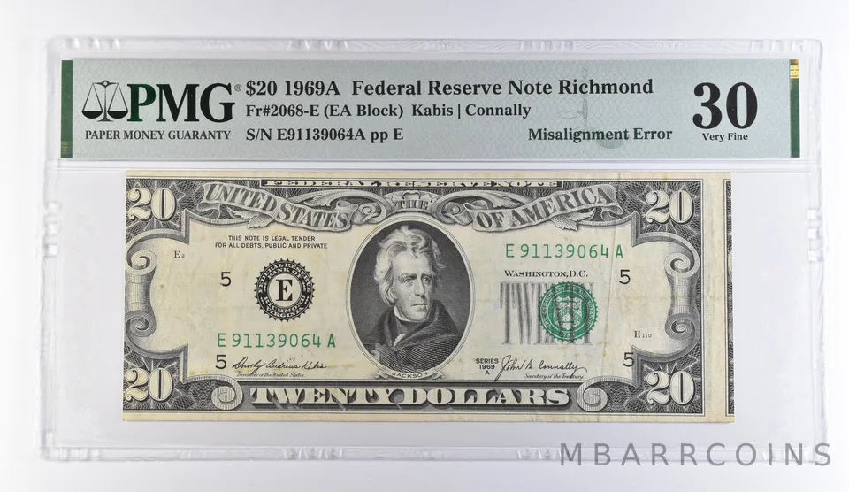 1969 A $20 Richmond VA FRN Misalign Error Fr#2068-E VF 30 PMG *9465