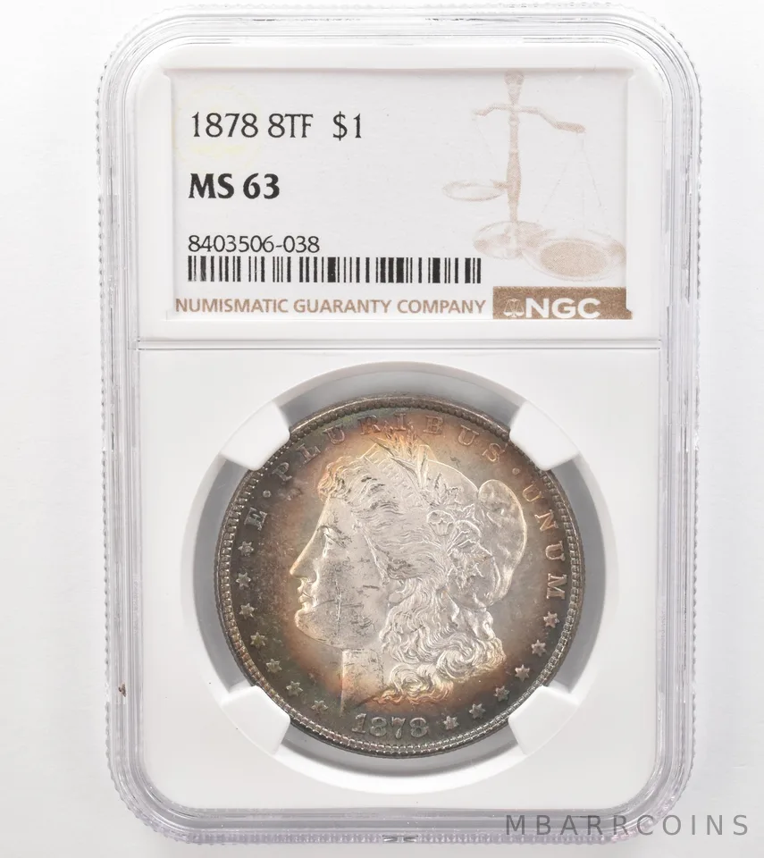 1878 8TF Morgan Silver Dollar MS63 NGC Beautiful Tone *9127