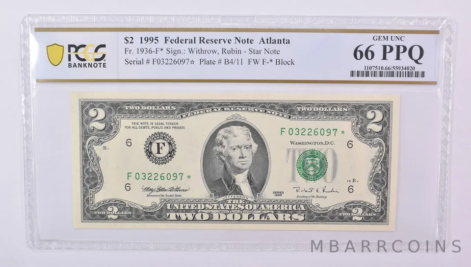 $2 1995 Atlanta GA FRN Fr#1936-F* Gem Unc 66 PPQ PCGS