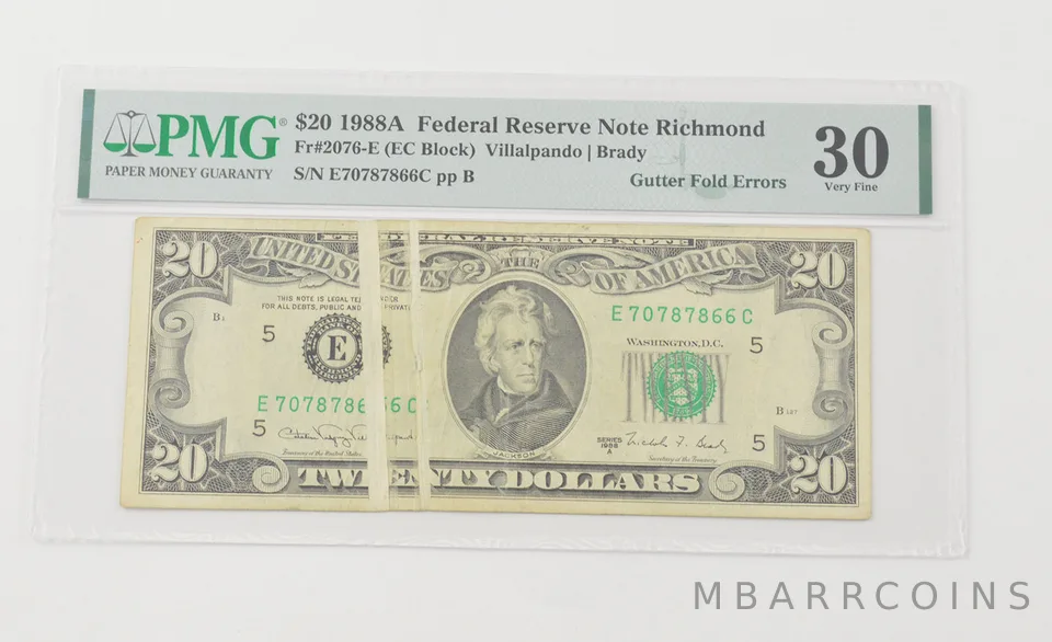 VF30 1988-A $20 FRN Richmond - FR#2076-E Gutter Fold Errors - PMG *6588
