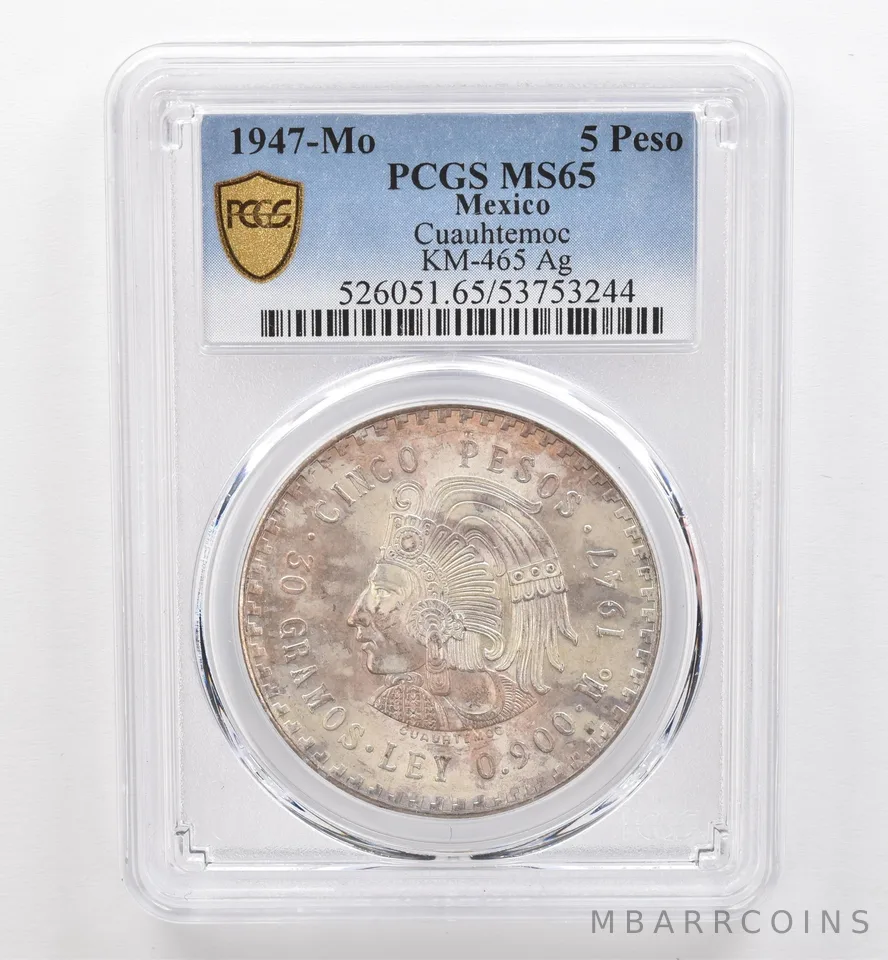 1947 Mo Mexico 5 Pesos Silver Cuauhtemoc KM-465 MS65 PCGS Beautiful Tone *9565