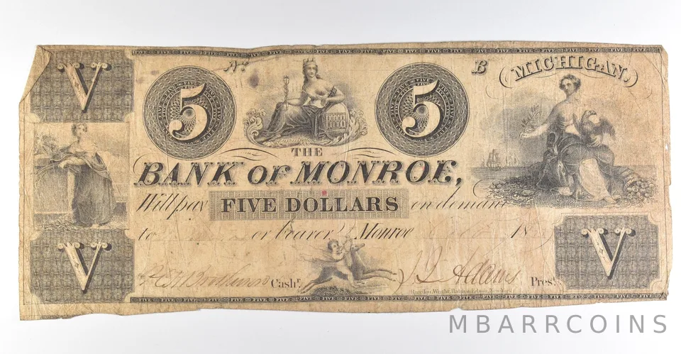 1835 $5 Bank Of Monroe MI Obsolete Note *8446
