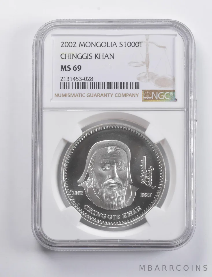 MS69 2002 Mongolia 1000 Tugrik Silver Chinggis Khan NGC a4808