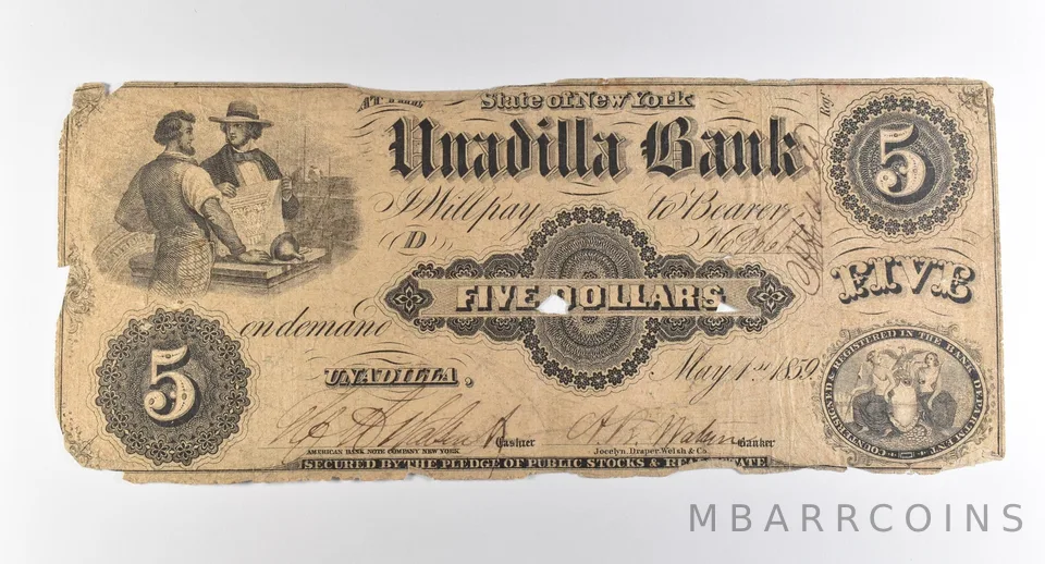1859 $5 Unadilla Bank NY Obsolete Note *3823