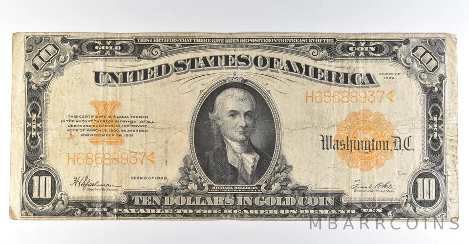 1922 $10 Gold Certificate Large Note Yellow Seal *8361