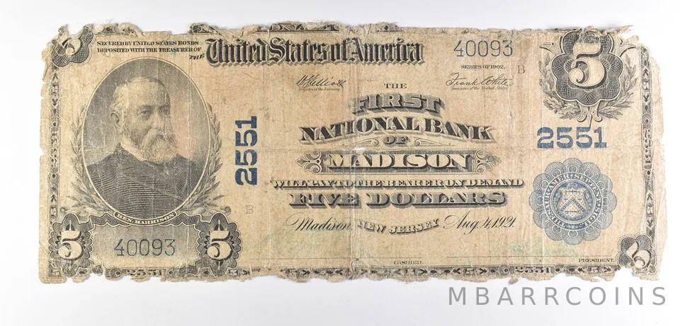 1902 $5 Madison, NJ National Currency Note Large Note 2551 *6020
