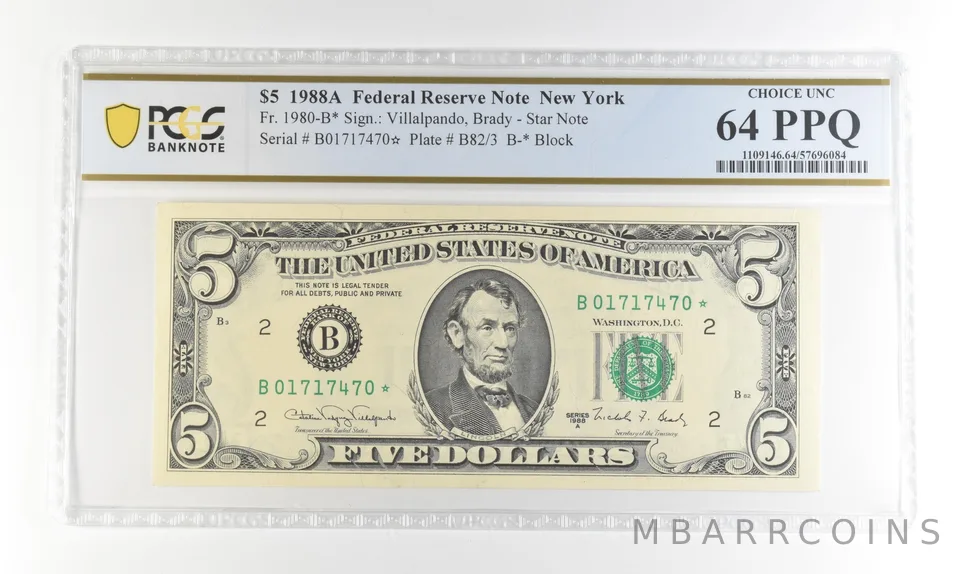 1988 A $5 FRN New York NY Star Note FR#1980-B* Choice Unc 64 PPQ PCGS *4246