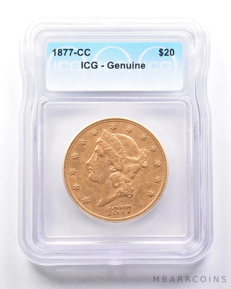 1877-CC $20 Liberty Head Gold Double Eagle Genuine ICG a0588