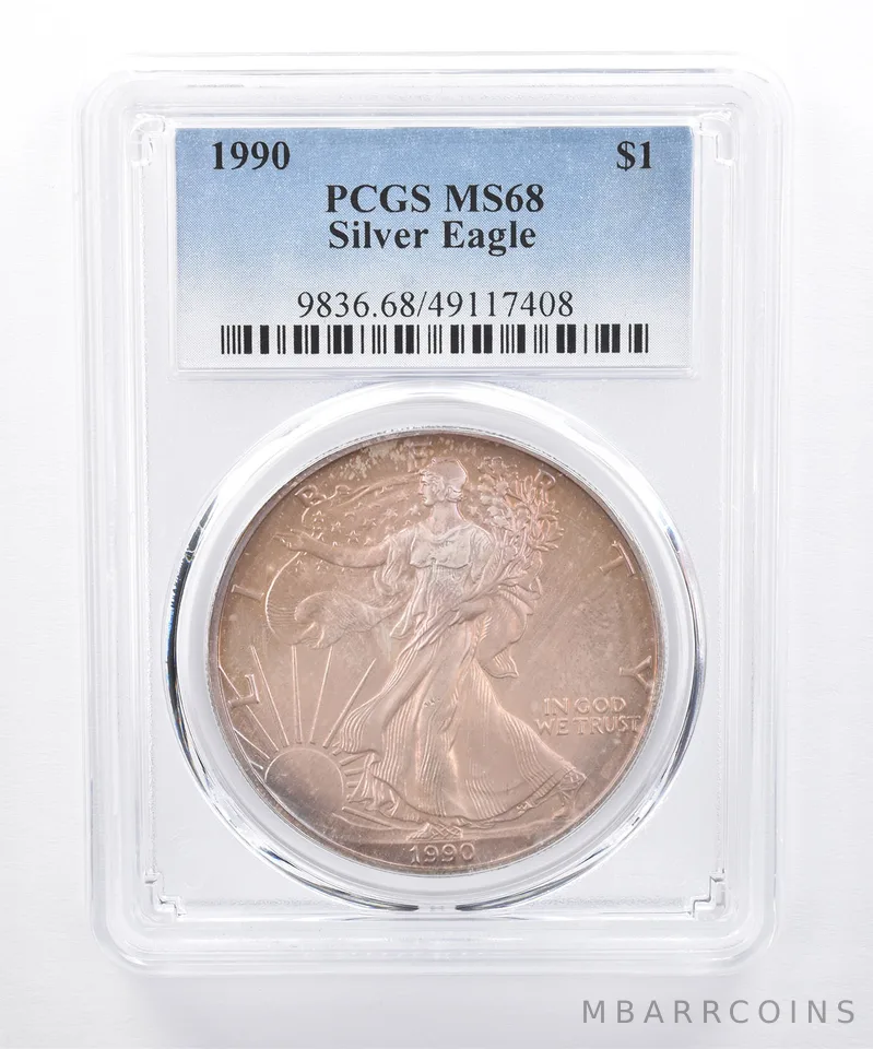 1990 American Silver Eagle MS68 PCGS Purple/Orange Tone *8403
