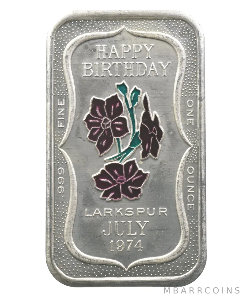 1974 1 Oz Silver Bar Happy Birthday July Larkspur Ceeco *1068