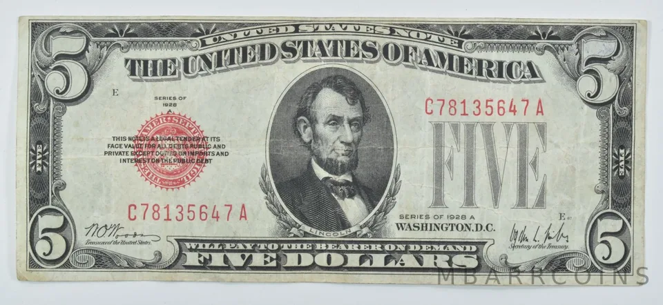1928-A $5 Legal Tender Red Seal United States Note Avg Circ
