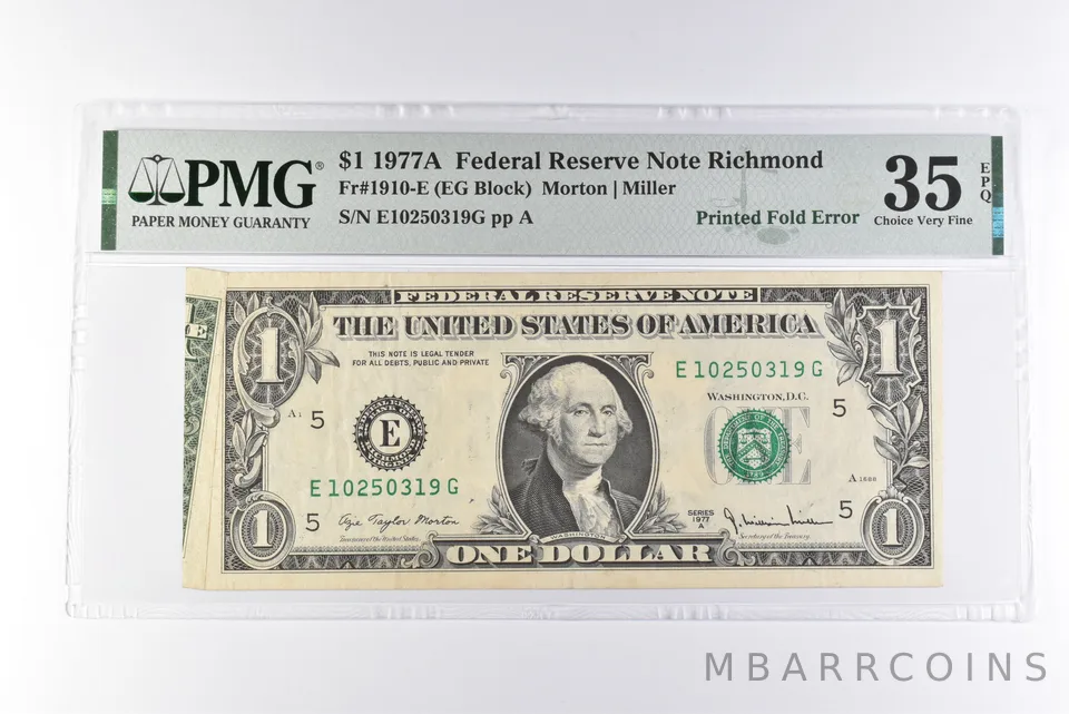 PMG 35 Choice VF EPQ $1 1977 FRN Richmond Fr#1910-E Printed Fold Error a3098