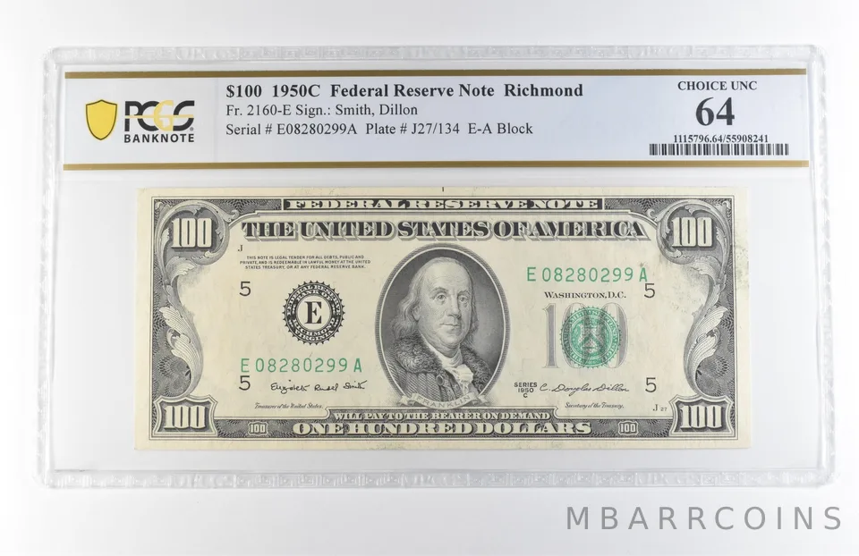 1950 C $100 Richmond VA FRN Fr#2160-E Choice Unc 64 PCGS a7866