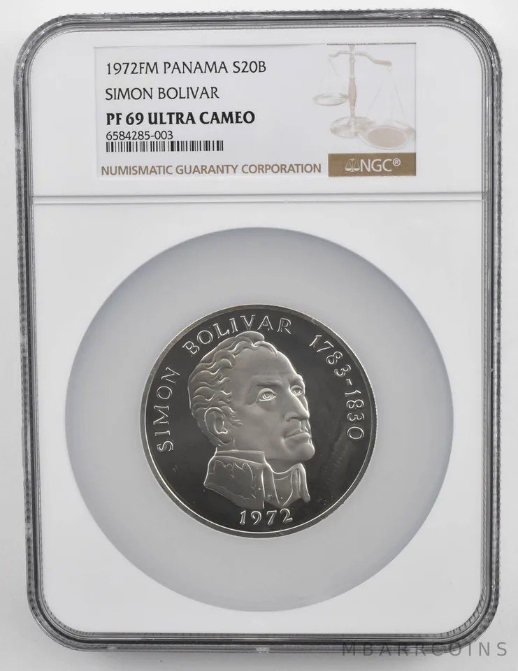 1972 FM Panama 20 Balboas Simon Bolivar Silver PF69 UCam NGC Brown Lbl