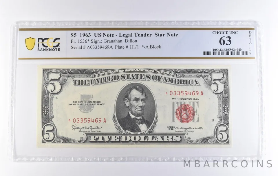 1963 $5 Legal Tender Star Note Fr#1536* Choice Unc 63 Details PCGS *8297