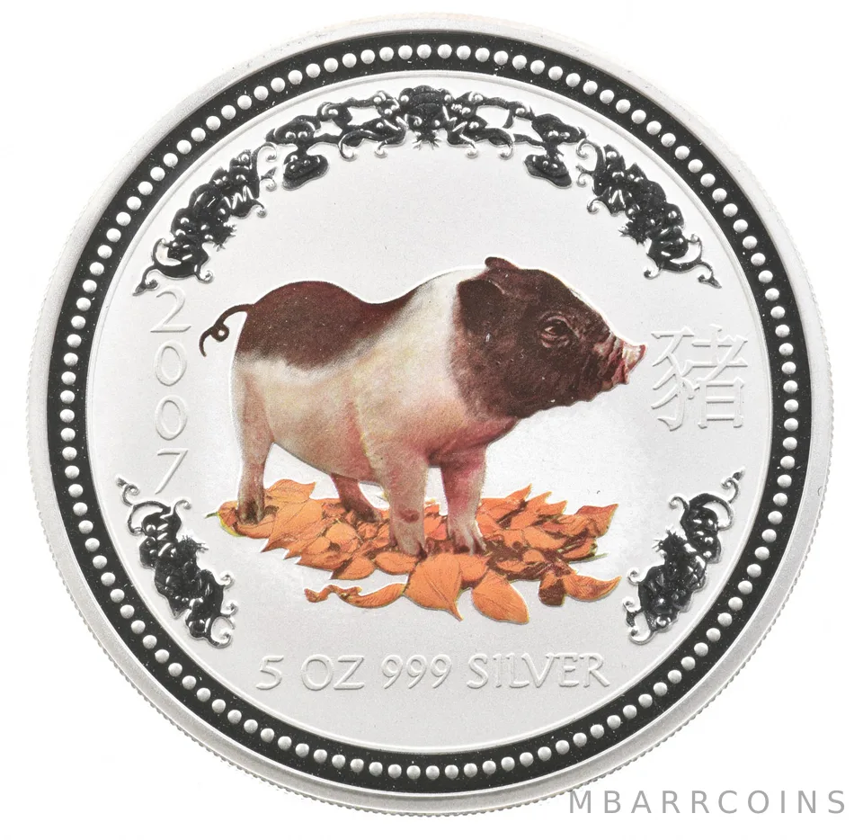 2007 Australia 8 Dollars Silver Year Of The Pig Colorized 5 Oz *5408