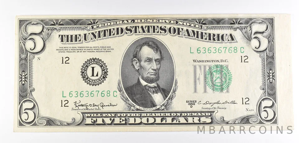 1950-D $5 San Francisco, CA Fed Res Note Green Seal Error Faulty Alignment *6019