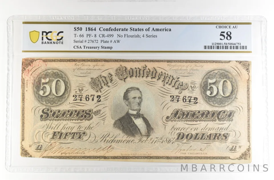 1864 $50 Confederate States Large Note T-66 PF-8 CR-499 Choice AU 58 PCGS *4206
