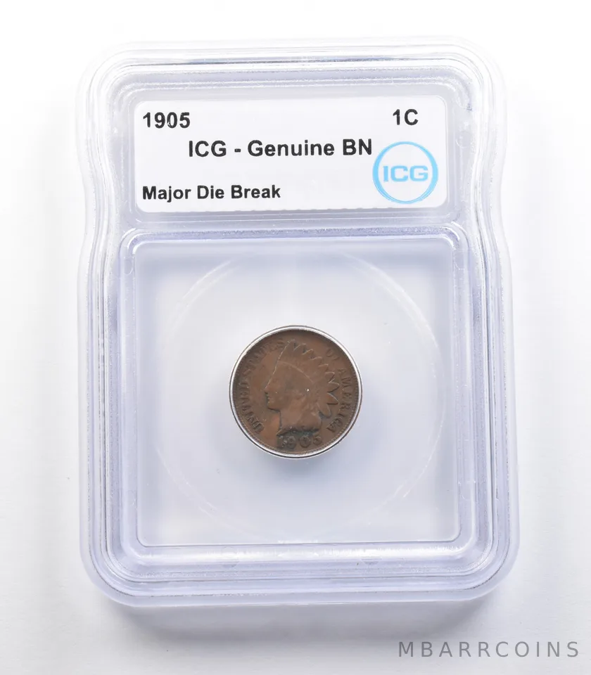 1905 Indian Head Cent Mint Error Major Die Break Genuine BN ICG *2267