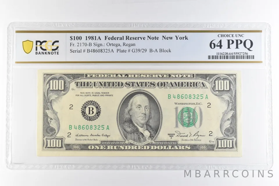 1981 A $100 New York NY FRN Fr#2170-B Choice Unc 64 PPQ PCGS *6904