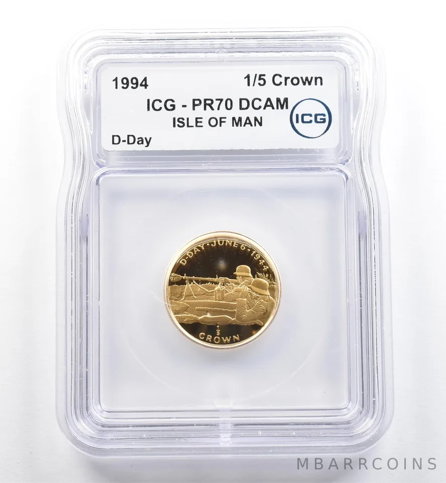 1994 Isle Of Man 1/5 Crown Gold D-Day PR70 DCAM ICG *6493