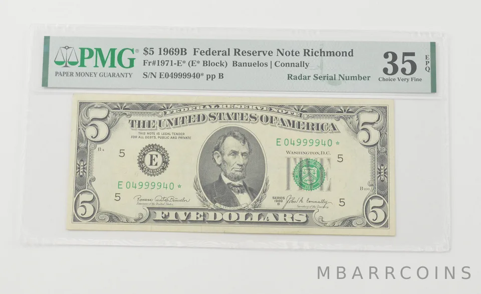 Choice VF35 EPQ 1969-B $5 FRN STAR - FR#1971-E* Radar Serial Number - PMG a6589