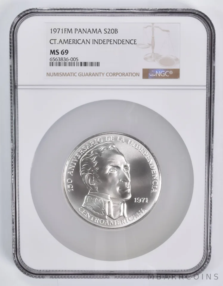 1971 FM Panama 20 Balboas CT.American Independence Silver MS69 NGC