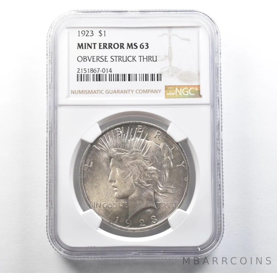 1923 Peace Silver Dollar Mint Error Obverse Struck Thru MS63 NGC *3159