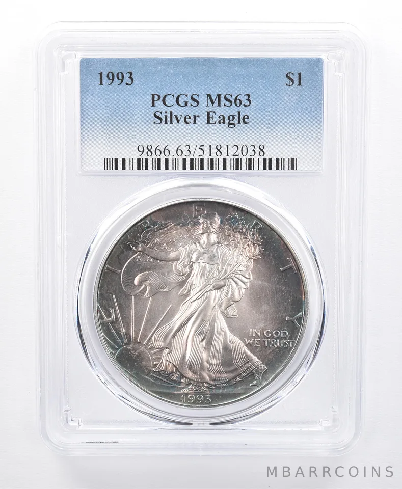 1993 American Silver Eagle MS63 PCGS Blue/Green Tone *8637