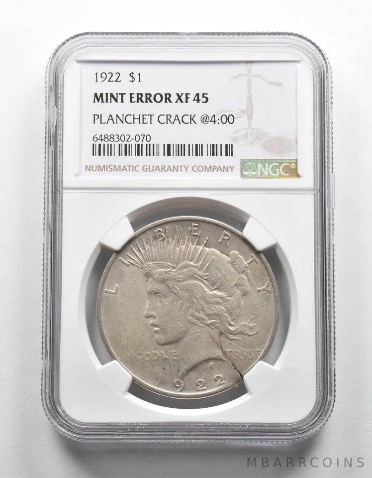 Mint Error XF45 1922 Peace Silver Dollar Planchet Crack @4:00 NGC *1979