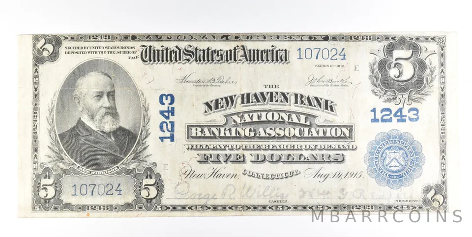 1902 $5 New Haven CT National Currency Note Large Note CH 1243 a0219