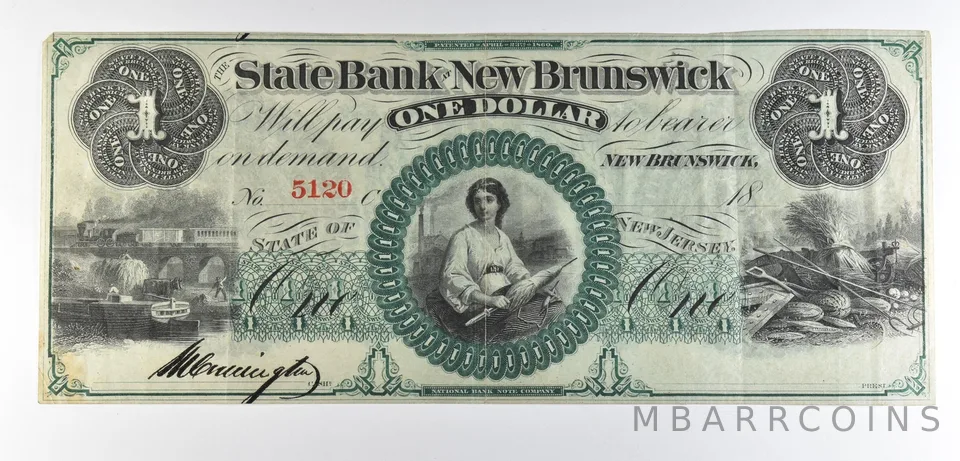 1800s $1 New Brunswick NJ State Bank Obsolete Note *8644