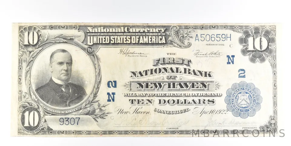 1902 $10 New Haven CT National Currency Note Large Note CH 2 *0214