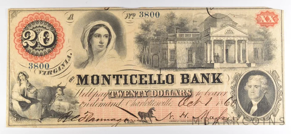 1860 $20 Bank Note Virginia Monticello Bank Large Note N *5576