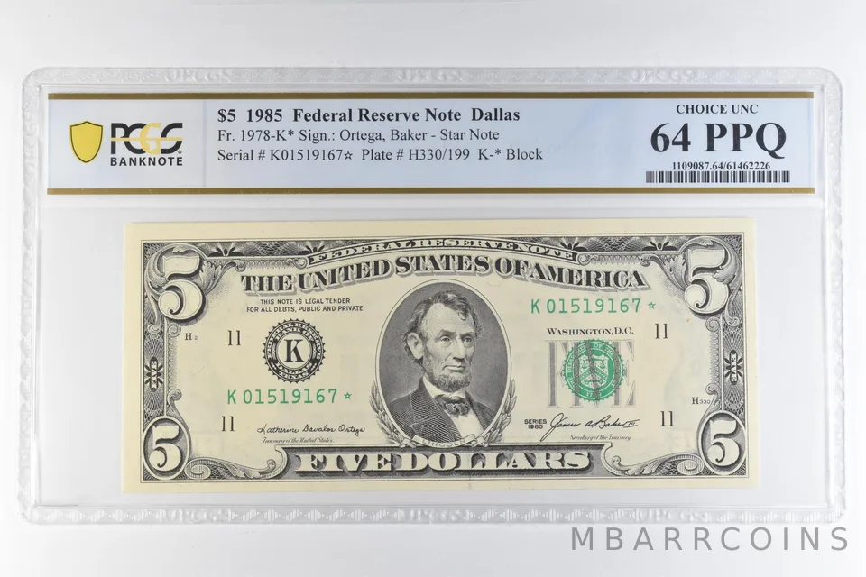 1985 $5 Dallas TX FRN Star Note Fr#1978-K* Choice Unc 64 PPQ PCGS *6535