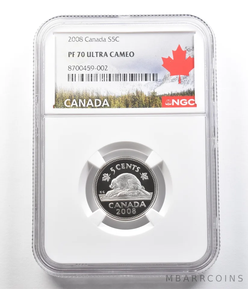 2008 Canada 5 Cents Silver Beaver PF70 UCAM NGC Canada Label