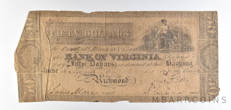 1841 $50 Richmond VA Bank Of Virginia Obsolete Note *8826