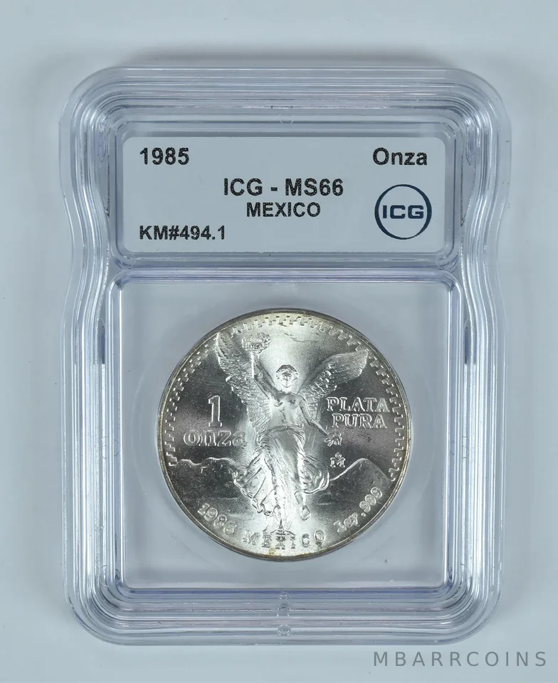 1985 Mo Mexico 1 Onza Silver Libertad KM#494.1 MS66 ICG